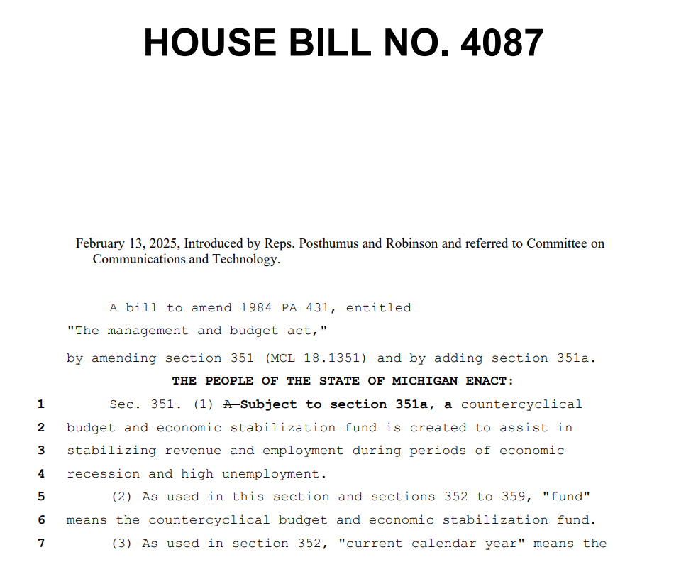 Michigan House Bill 4087 on Budget and Economic Stabilization. Source: Michigan Legislature