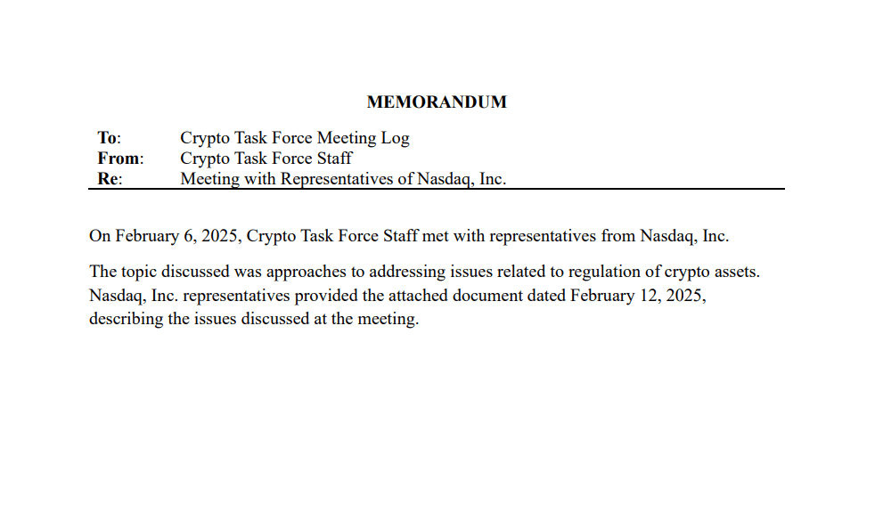 SEC Meeting with Nasdaq on Crypto Regulations. Source: SEC