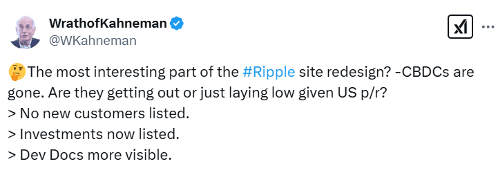 Image Title: Ripple Removes CBDC Mentions in Website Redesign. Source: WrathofKahneman
