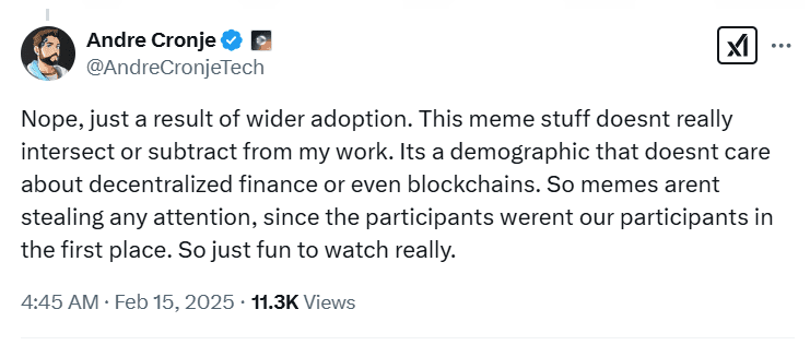 Andre Cronje on Meme Coin Traders. Source: Andre Cronje