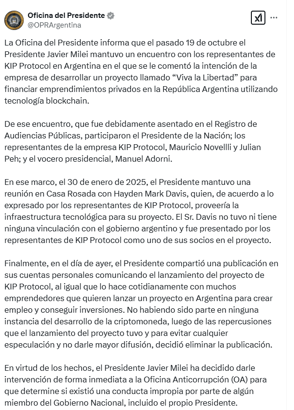 Presidential Office Confirms Milei’s Meeting with KIP Protocol. Source: X (@OPRArgentina)