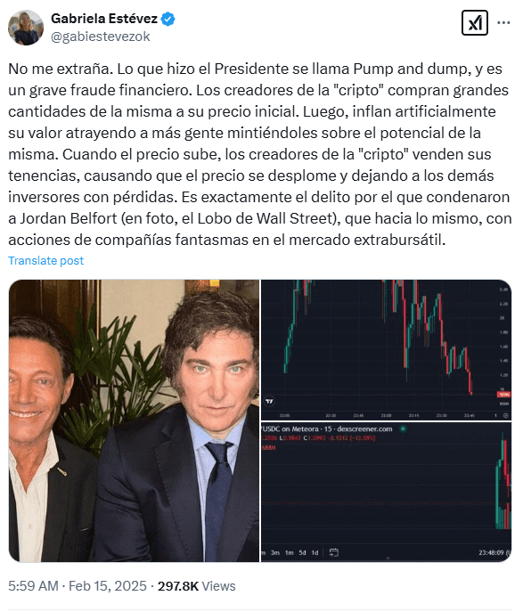 Gabriela Estévez Accuses Milei of Pump-and-Dump Fraud. Source: X (@gabistevezok)