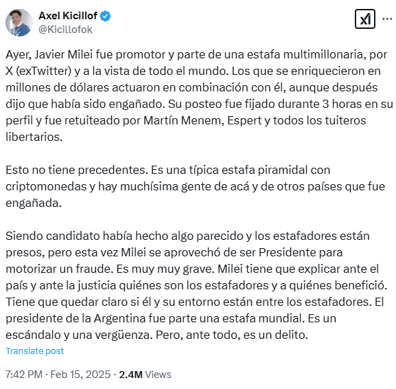 Axel Kicillof Accuses Milei of Crypto Pyramid Scheme. Source: X (@Kicillofok)