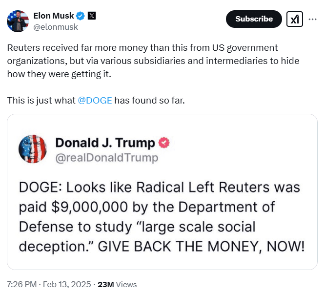 Elon Musk’s DOGE - Musk Highlights Alleged Government Fraud. Source: X