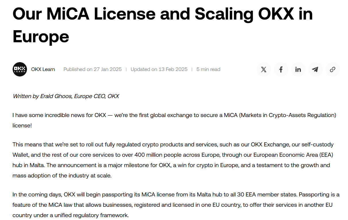 OKX Secures MiCA License in Europe. Source: OKX