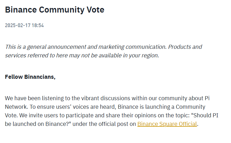 Binance Announces Community Vote on Pi Network Listing. Source: Binance Square Official