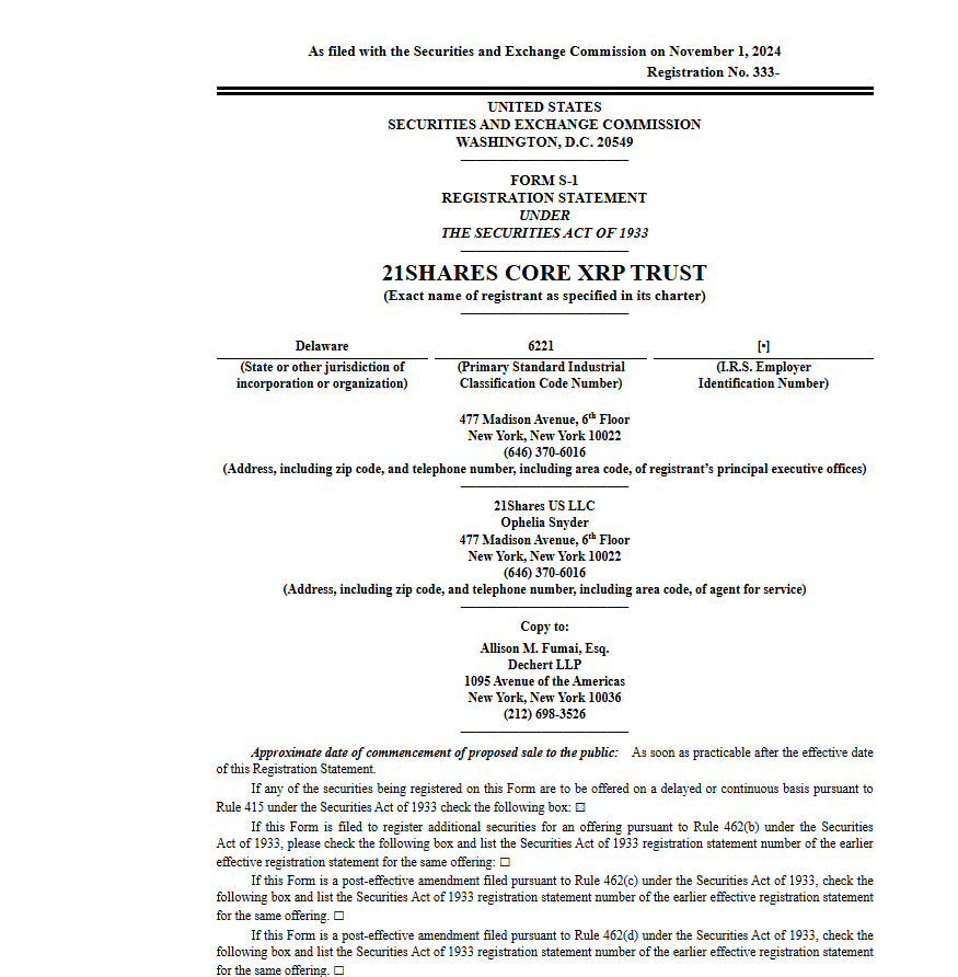 21Shares Core XRP Trust SEC Registration Filing Under the Securities Act of 1933. Source: U.S. Securities and Exchange Commission