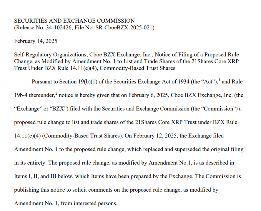 boe BZX Exchange Files Amendment for 21Shares Core XRP Trust Listing with SEC. Source: U.S. Securities and Exchange Commission
