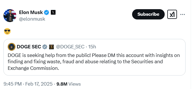 Elon Musk Endorses D.O.G.E. SEC Investigation Into Alleged Waste and Fraud. Source: 