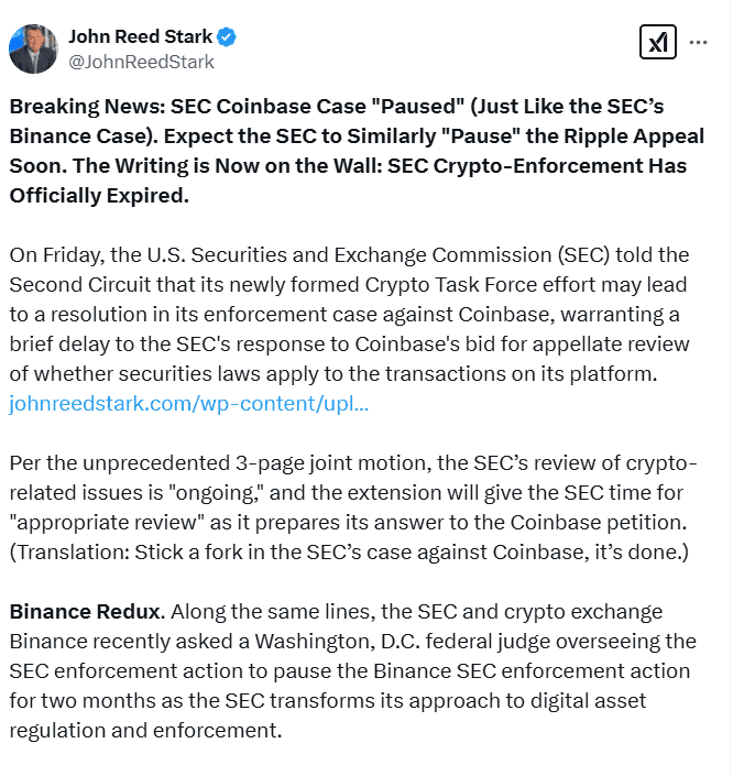 SEC Pauses Crypto Lawsuits: Coinbase and Binance Cases on Hold, Ripple Appeal Likely Next. Source: John Reed Stark