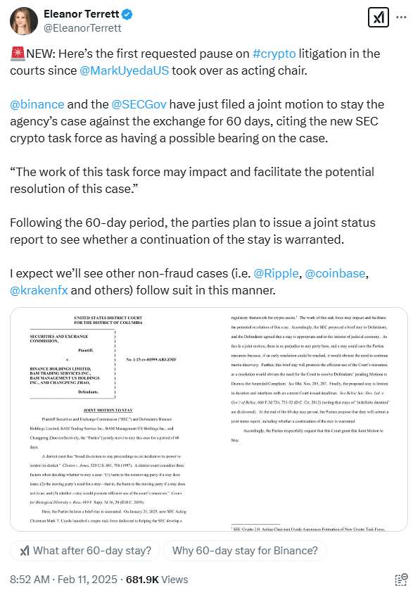 SEC and Binance Agree to 60-Day Stay as Crypto Lawsuits Face Major Shifts. Source: Eleanor Terrett