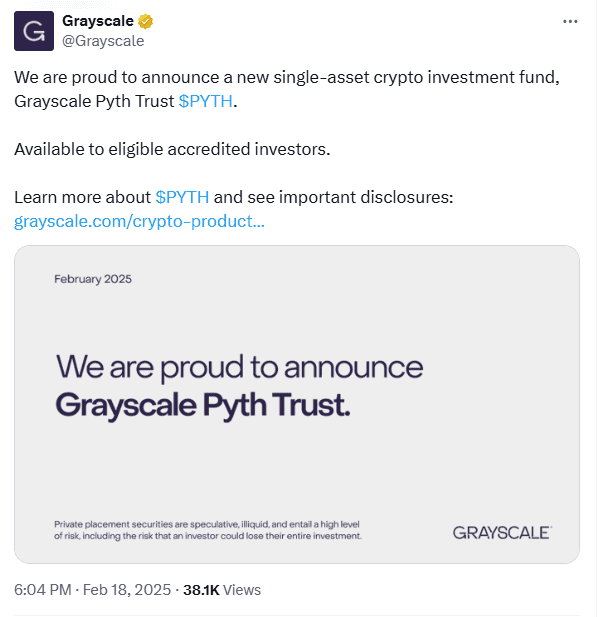 Grayscale Announces Pyth Trust for Accredited Investors. Source: Grayscale