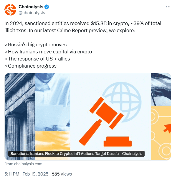 Sanctioned Entities (Iran) Received $15.8B in Crypto, Chainalysis Reports on Illicit Transactions and Compliance. Source: Chainalysis