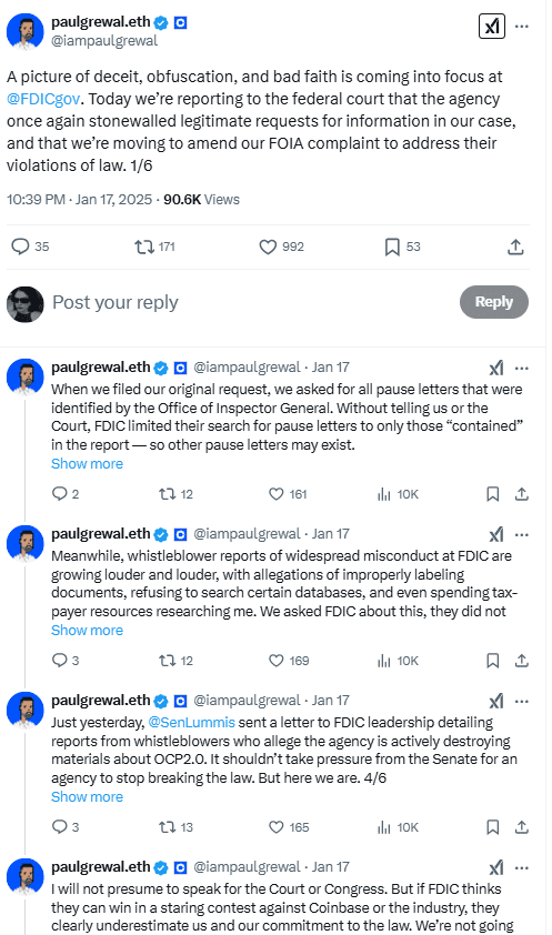 Coinbase’s Paul Grewal Accuses FDIC of Obstruction and Document Destruction in Crypto Oversight Case. Source: 