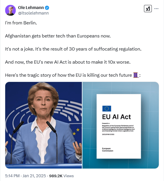 Criticism of EU AI Act and Its Impact on European Tech Innovation. Source: Ole Lehmann