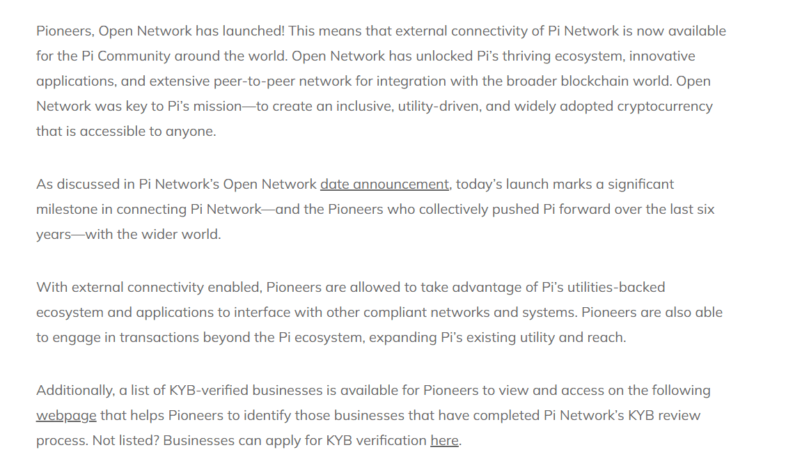 Open Network Launch: External Connectivity and KYB Verification for Businesses. Source: Pi Network