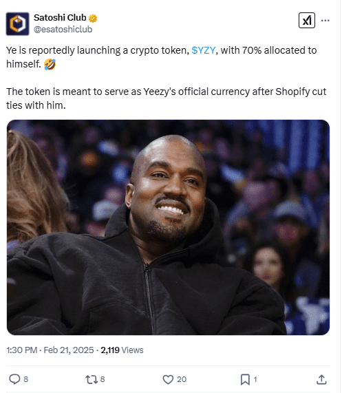 Ye Launches YZY Token With 70% Allocation Amid Shopify Fallout. Source: Satoshi Club