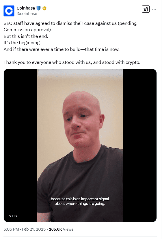 Coinbase CEO Brian Armstrong Reacts to SEC Dropping Lawsuit Against the Exchange. Source: Coinbase