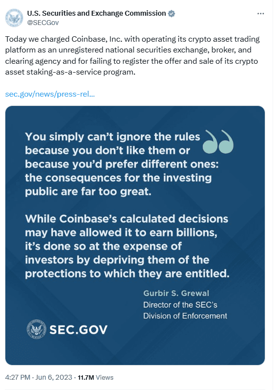 SEC Charges Coinbase for Operating as an Unregistered Securities Exchange and Staking Violations. Source: SEC