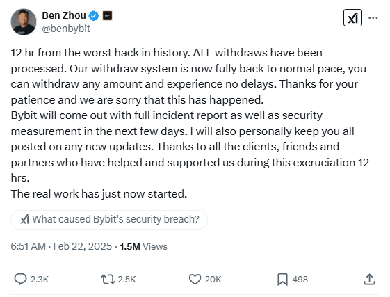 Bybit CEO Ben Zhou Confirms Full Withdrawal Restoration After $1.5 Billion Hack, Promises Security Report. Source: Ben Zhou