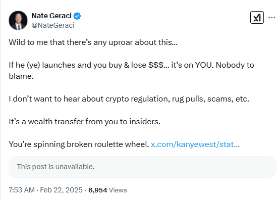 Nate Geraci Warns Investors About Kanye West’s Crypto Plans, Calls It a ‘Wealth Transfer’. Source: X (@NateGeraci)