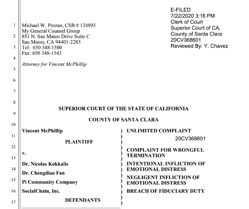 Vincent McPhillip vs. Pi Network Founders Lawsuit Document. Source: Superior Court of California