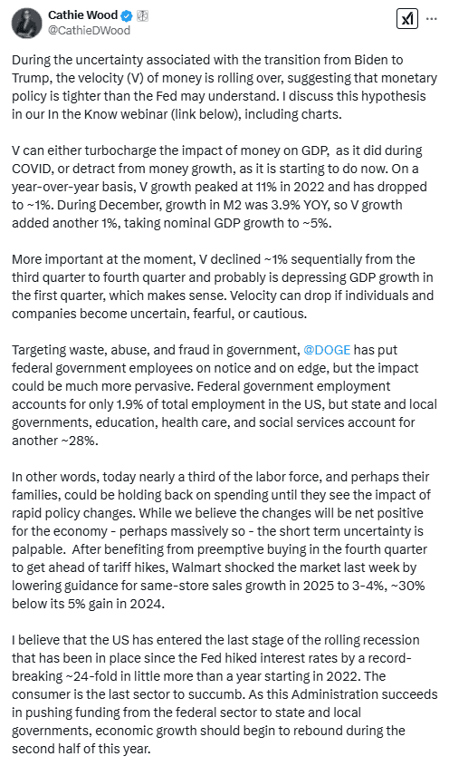 Cathie Wood Analyzes Money Velocity and Government Impact on GDP. Source: X (@CathieDWood)