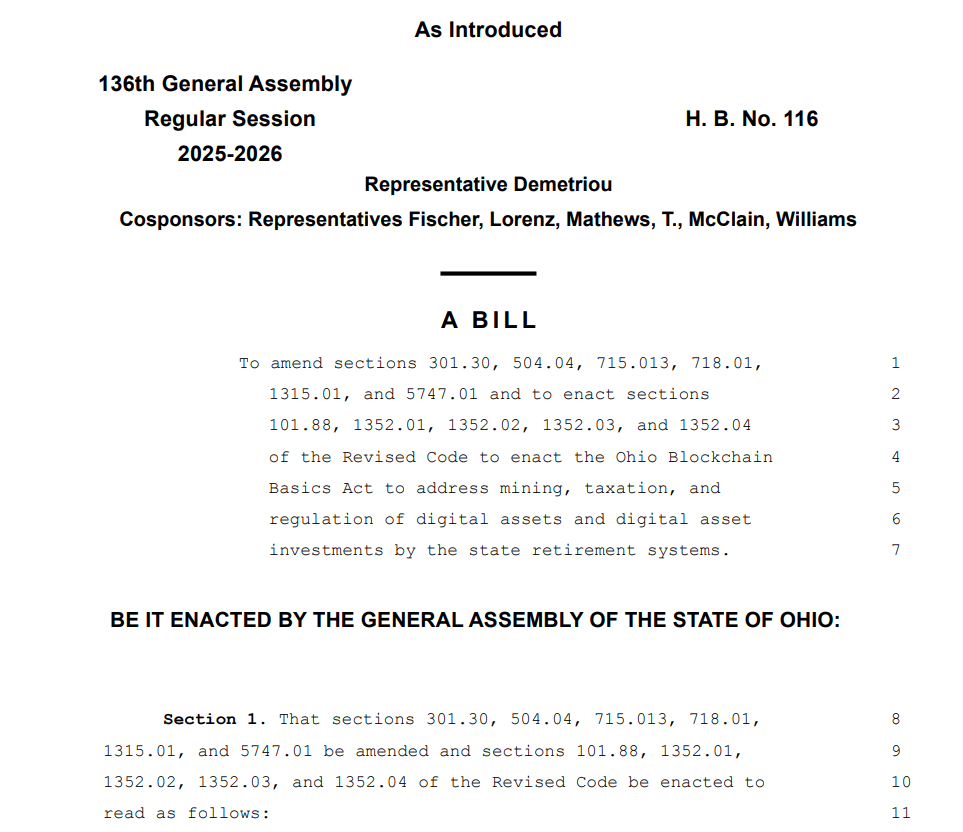 Ohio House Bill 116 Proposes Crypto Tax Exemptions and Digital Asset Regulations. Source: Ohio General Assembly