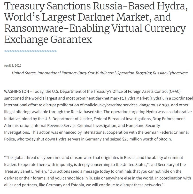 US Treasury Sanctions Russia-Based Hydra and Crypto Exchange Garantex for Cybercrime Links. Source: US Department of the Treasury