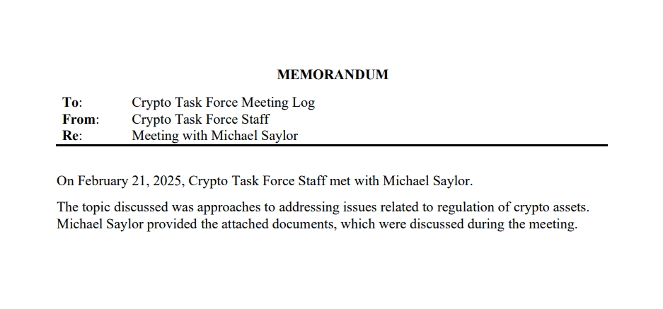 SEC Crypto Task Force Meeting Memorandum Confirms Michael Saylor’s Discussion on Digital Asset Regulations. Source: Crypto Task Force Staff