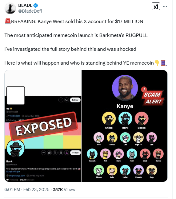 Kanye West’s X Account Allegedly Sold for $17 Million, Barkmeta’s Crypto Ties Exposed. Source: BladeDeFi