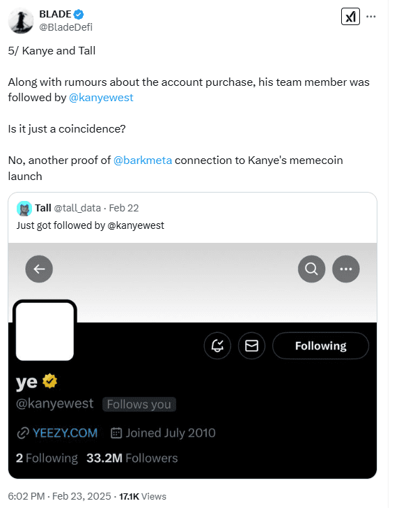 Kanye West’s X Account Followed Barkmeta’s Team Member, Fueling Crypto Scam Speculation. Source: BladeDeFi