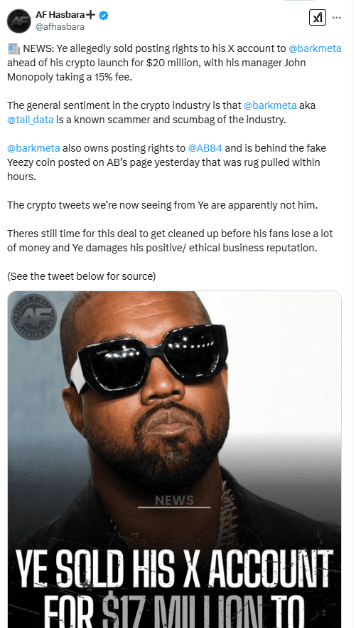 Kanye West Allegedly Sold X Account Posting Rights to Barkmeta for $20 Million. Source: AF Hasbara