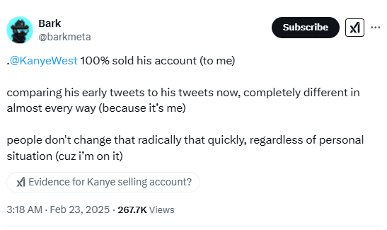 Barkmeta Claims Ownership of Kanye West’s X Account, Fueling Crypto Scam Allegations. Source: Barkmeta