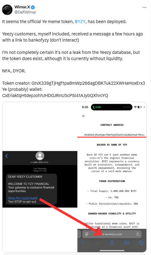 YZY Meme Coin Allegedly Deployed, Linked to BankofYZY Website Amid Scam Concerns. Source: Wimar.X