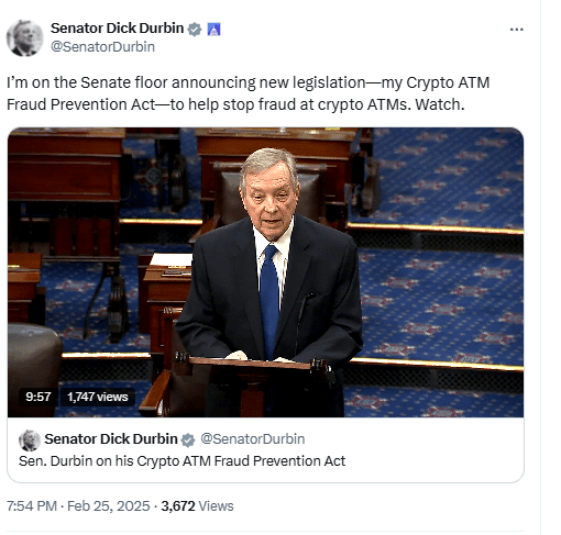 Senator Dick Durbin Introduces Crypto ATM Fraud Prevention Act on Senate Floor. Source: Senator Dick Durbin