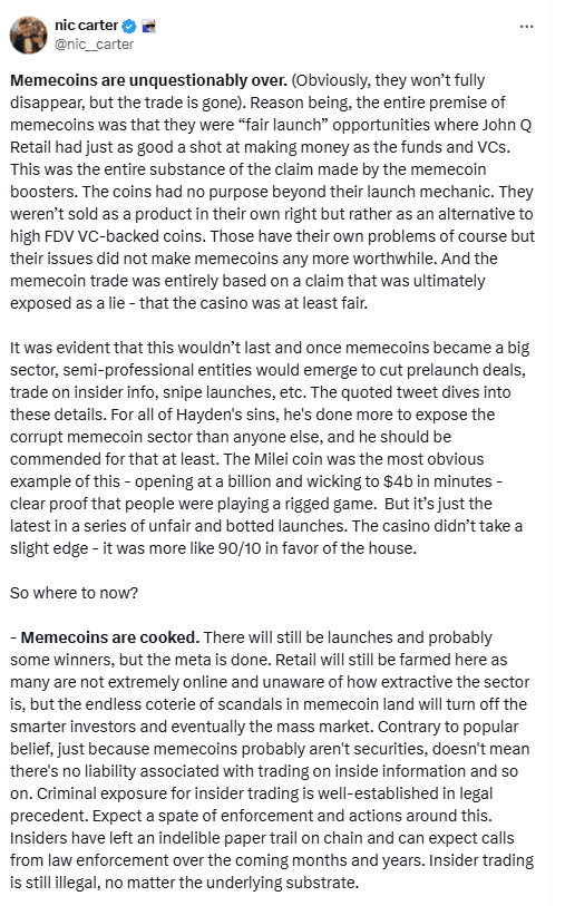 Nic Carter Declares Memecoin Market "Unquestionably Over" Amid Scandals and Insider Trading. Source: Nic Carter