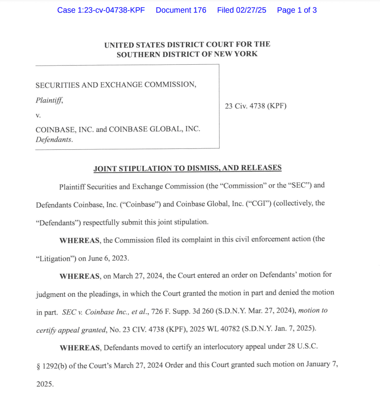 SEC Voluntarily Dismisses Lawsuit Against Coinbase in U.S. District Court Filing. Source: U.S. District Court for the Southern District of New York