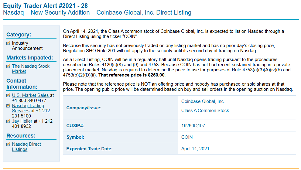 Nasdaq Announces Coinbase Global Direct Listing With COIN Ticker and $250 Reference Price. Source: Nasdaq