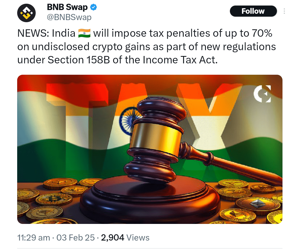 India will impose tax penalties of up to 70% on undisclosed crypto profits