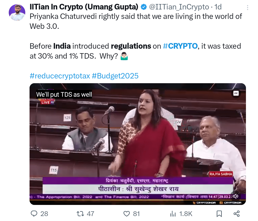 A crypto educator raising question on 30% tax on crypto gains. Source: X