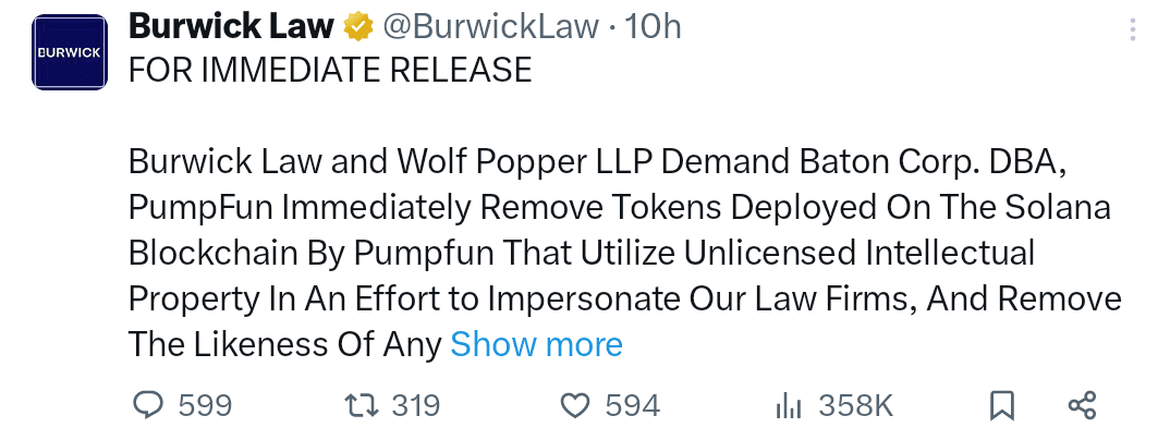 Burwick law firm and Wolf Popper have issued a cease and desist letter to Pump.fun
