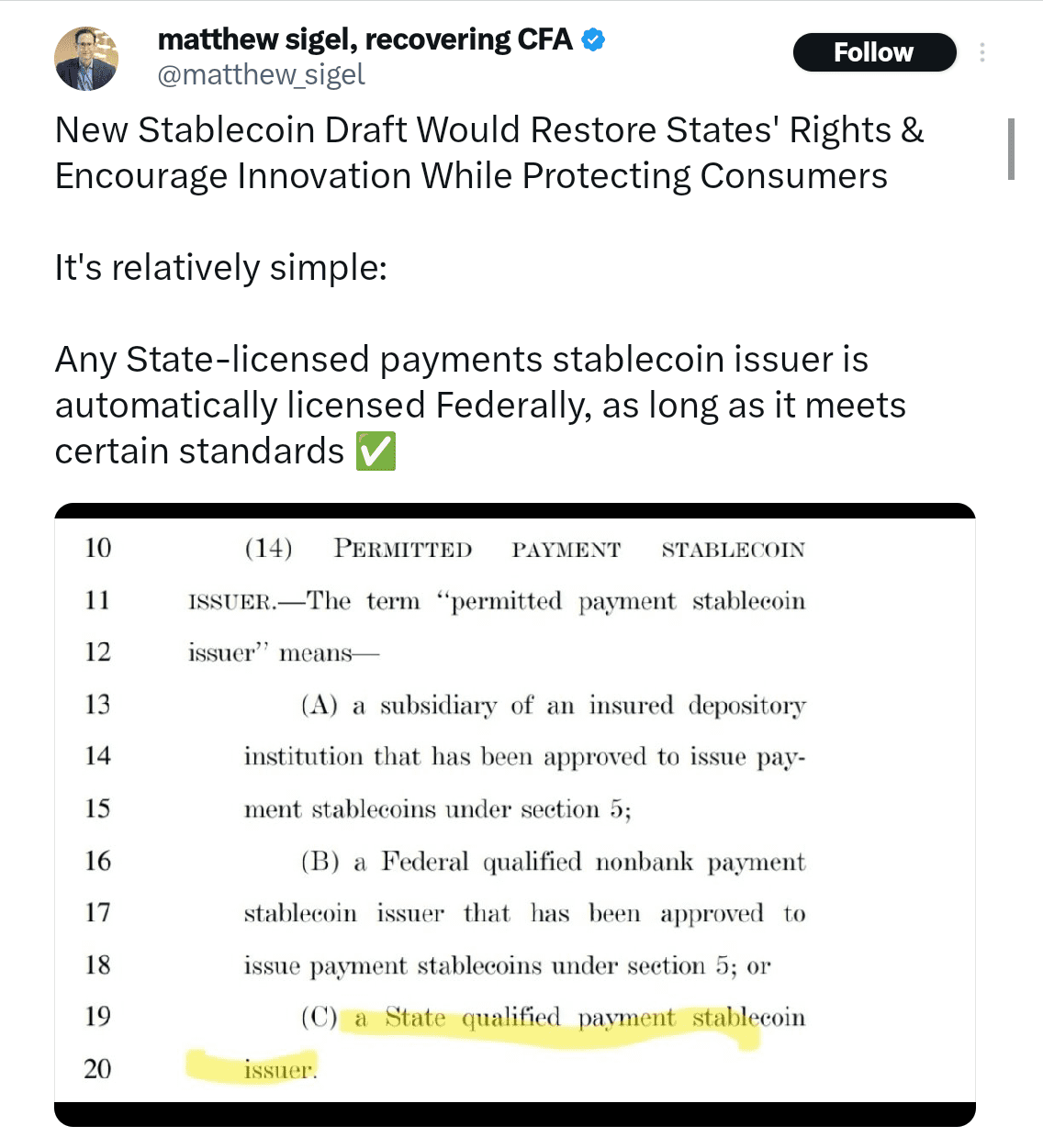 Head of the digital assets research VanEck Matthew Sigel said that New Stablecoin Draft Would Encourage Innovation While Protecting Consumers