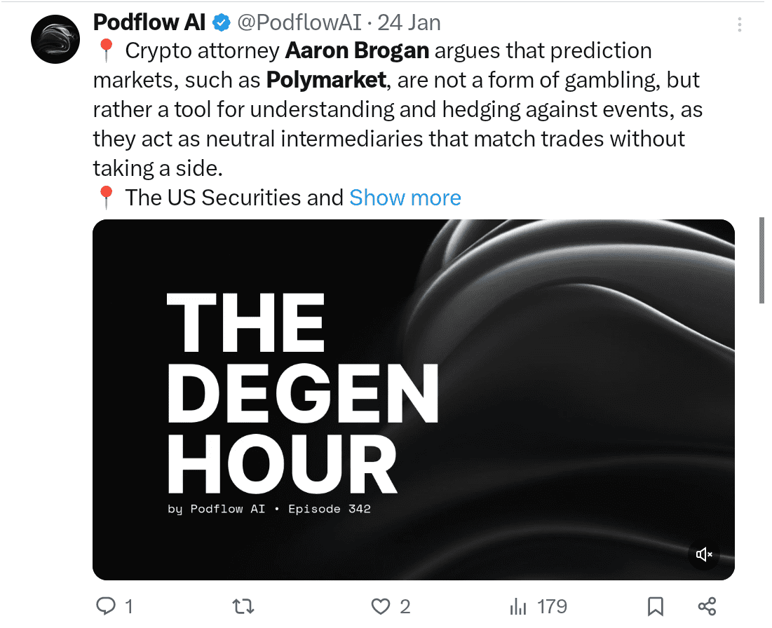 Crypto attorney Aaron Brogan argues in favour of Polymarket. Source: X