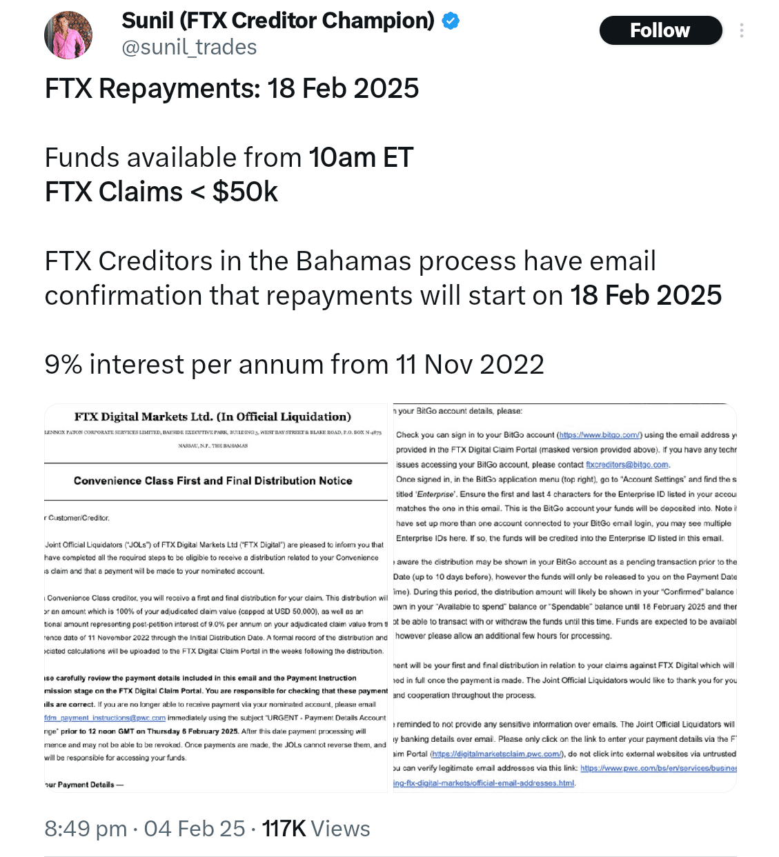 FTX creditor received an email confirmation of repayment.