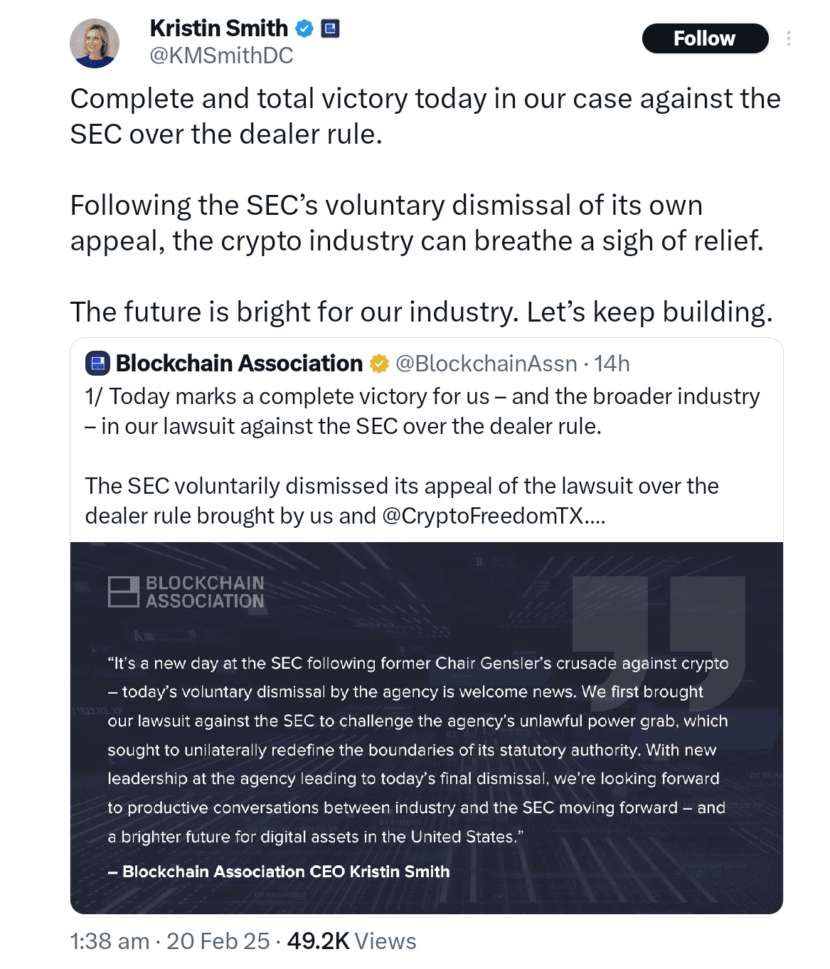 Blockchain Association CEO Kristin Smith shared the SEC's case of broker-dealer update on X