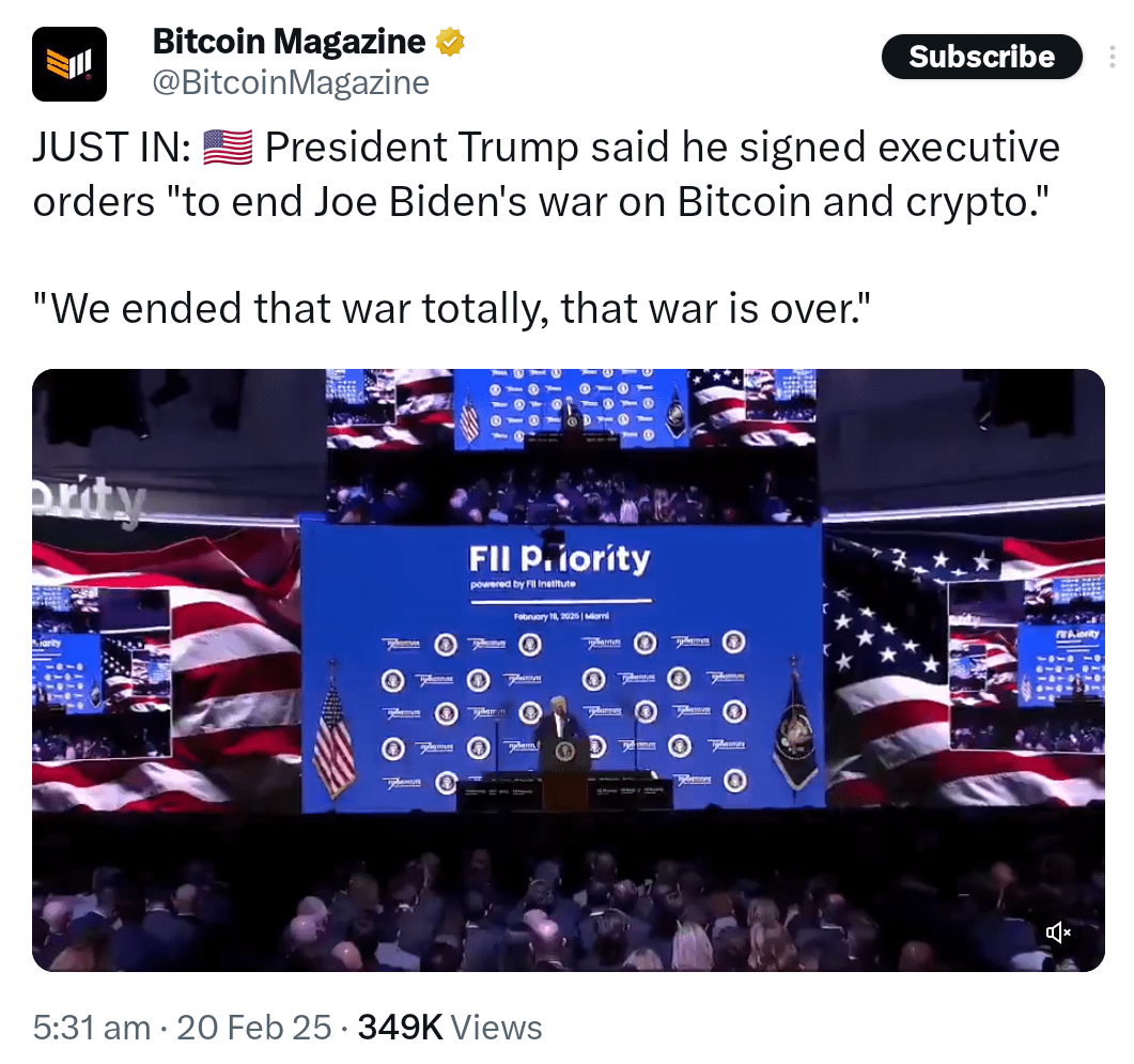 President Trumps said that he ended “Joe Biden’s war on Bitcoin and crypto.