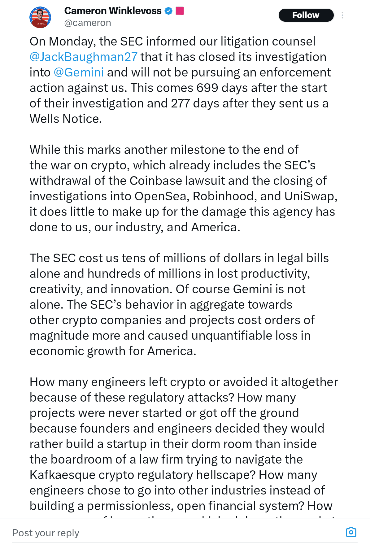 Winklevoss Criticizes SEC for Damaging Crypto Industry