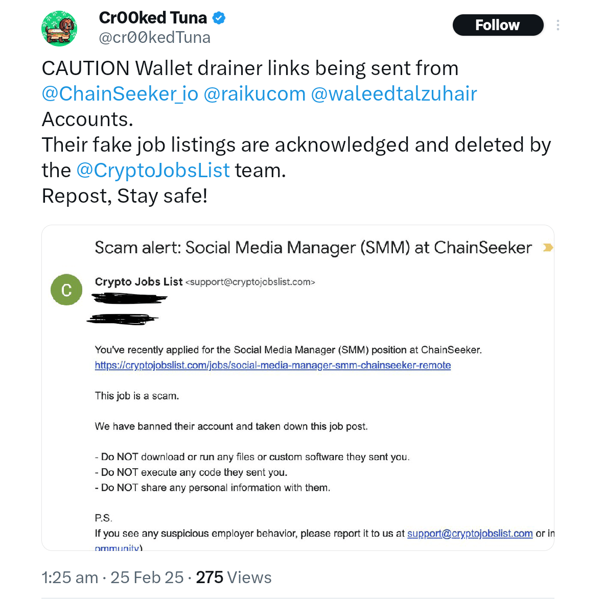 Wallet drainer links have been sent to job seekers