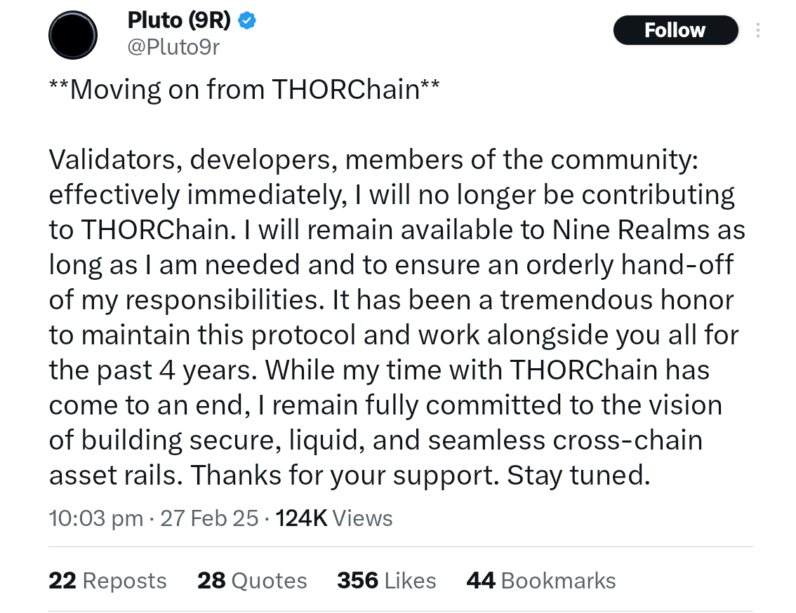 THORChain’s core developers "Pluto" announced his resignation on X